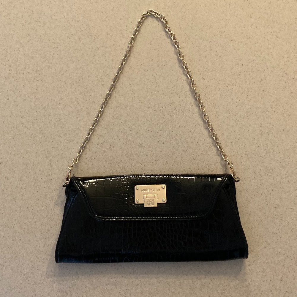 Anne Klein Evening Clutch Bag Faux Alligator Black Shiny Vegan Leather